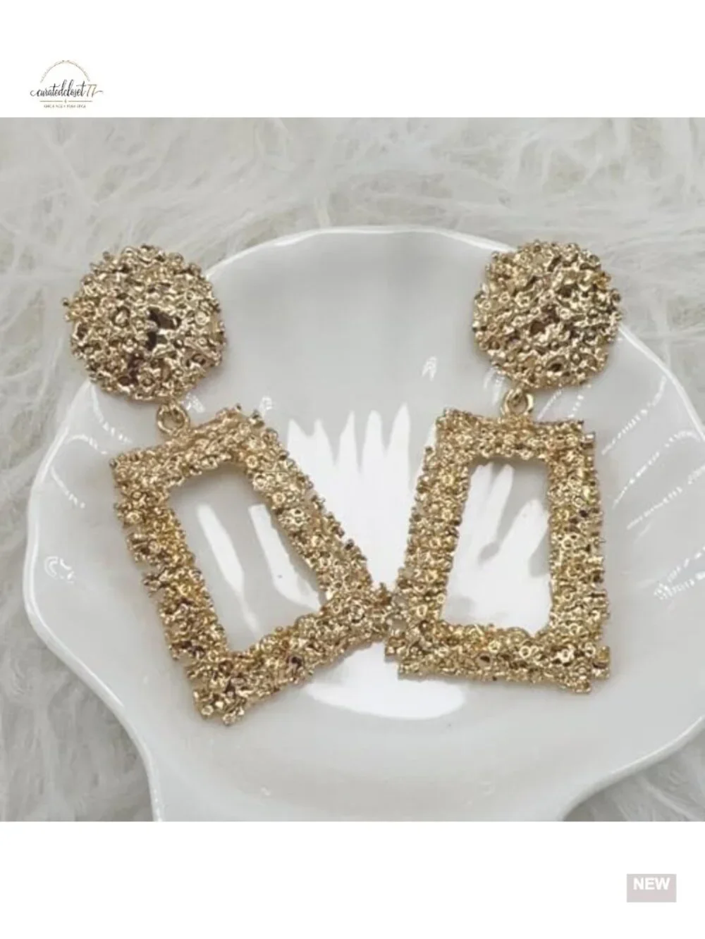 Matte Gold Trapezoid Dangle Earrings - Textured Relief Geometric Statement Drop